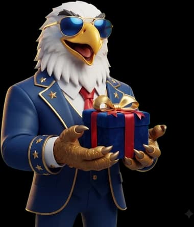 The eagle mascot offering a wrapped gift