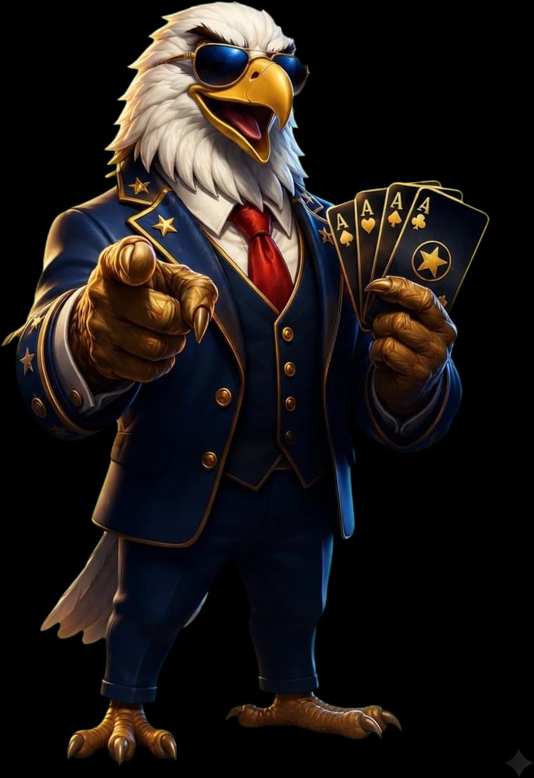 America's Best Casino eagle mascot in a star-trimmed navy suit, holding four aces